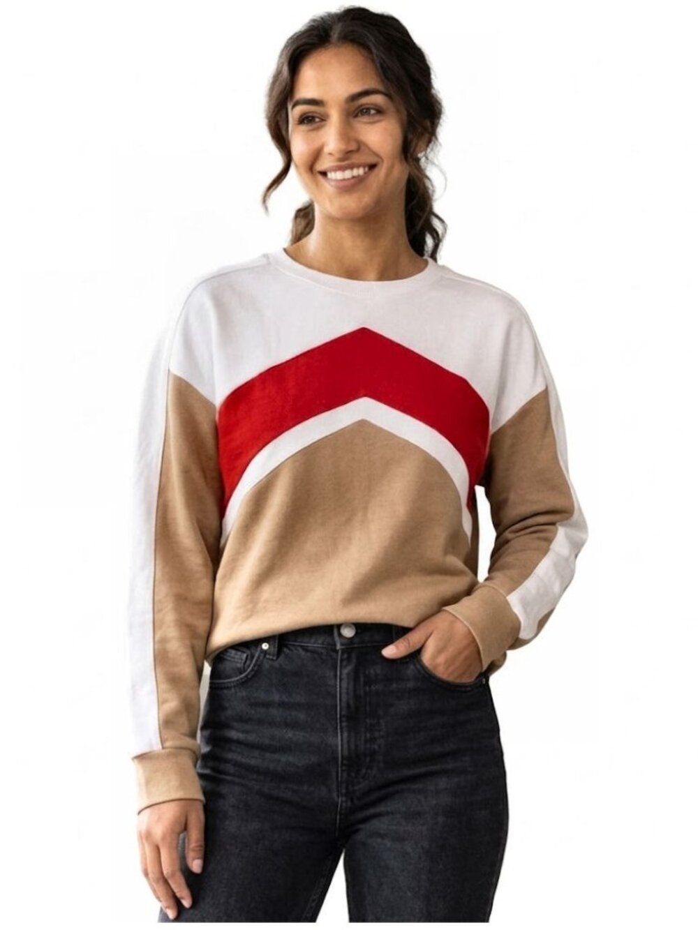 Topshop Colorblock Chevron Oversized Sweatshirt, Tan & Red Womens Size 6 US / 38